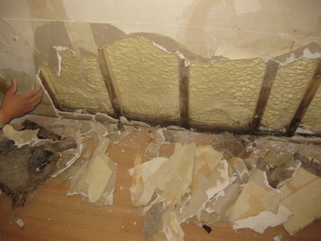お部屋の壁を一部撤去後の写真。　下地のボードと共に、木下地も腐ってました。
